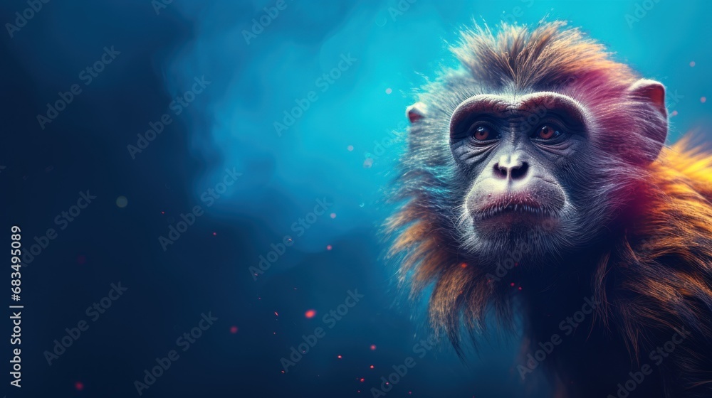 Poster a close up of a monkey's face on a blue background with a blurry image of the monkey's head.