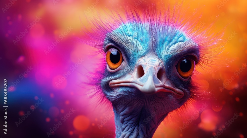 Poster a close up of an ostrich's head with a multicolored sky and clouds in the background.