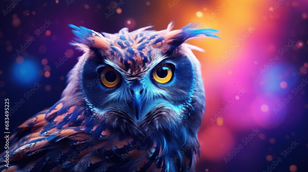 Poster a close up of an owl's face with a blurry background and boke of lights in the background.