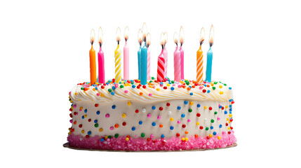 Colorful birthday cake with candles. Isolated on Transparent background.