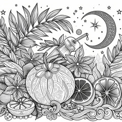 Hand drawn coloring pages illustration with Fruits and vegetables.