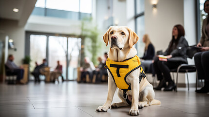 Photo of the Labrador retriever Guide dog in dog clothes and guide harness helps a disabled office worker in wheelchair in a modern office - obrazy, fototapety, plakaty