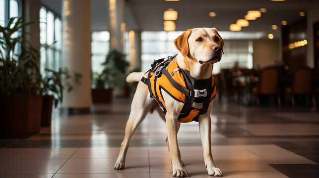 Photo of the Labrador retriever Guide dog in dog clothes and guide harness helps a disabled office worker in wheelchair in a modern office - Powered by Adobe