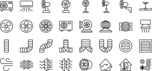 Ventilation equipment line icons. Air conditioning, cooling appliances, exhaust fan. Household and industrial ventilator thin linear signs for store. - obrazy, fototapety, plakaty