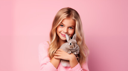 The girl holds a rabbit in her hands.