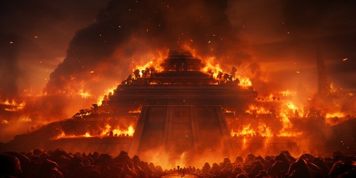 gigantic burning ancient temple in apocalyptic hellscape, infernal ancient temple engulfed in flames, epic ruined temple in hellish apocalyptic fire scene