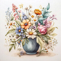 Experience the charm of a stunning flower painting, artfully crafted with a blend of ink, watercolor, and pastel, showcasing vibrant colors and delicate details