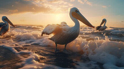 Fototapeta premium Three Pelicans Being Rescued in Ocean at Sunrise