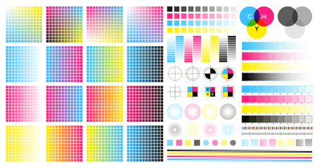 CMYK color marks. Color registration and adjustment marks for printing, prepress and screen printing. Vector CMYK tone palette isolated set of cmyk ink print illustration - obrazy, fototapety, plakaty