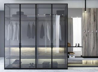 Glass wardrobe in loft style in the hallway