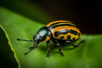 Colorado beetle on green leaf. Insect animal striped damage bug. Generate Ai