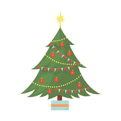 Cute Christmas tree decorated with toys and garlands. Isolated illustration on white background in vector cartoon flat style