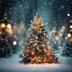 Christmas tree with illumination and snow blurred background - Generative AI