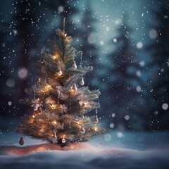 Christmas tree with illumination and snow blurred background - Generative AI