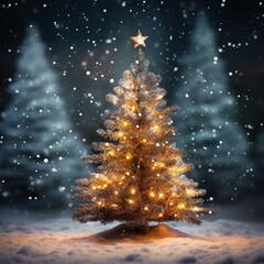 Christmas tree with illumination and snow blurred background - Generative AI