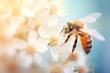 Bee on a Pastel color flower and a blurry Background