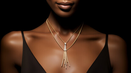 black model wearing a black strappy top with low neckline and a gold necklace with diamond pendant close up, isolated on black background 