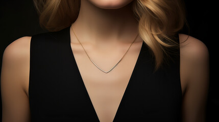blond model wearing a silver necklace with a pendant and a black evening dress with neckline