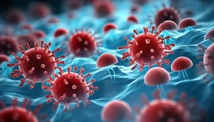 Fotobehang Close up view of flu and covid 19 virus cells, representing the coronavirus covid 19 outbreak © Ilja