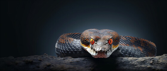Front view Attacking viper snake on black background, close up reptile sneaky, slimey and sly Snake head Photo Series. Generative ai - obrazy, fototapety, plakaty