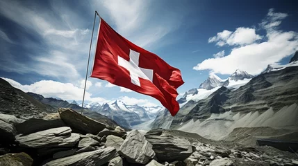  Scenic view of the swiss alps with the flag of switzerland waving atop a magnificent mountain peak © Ilja