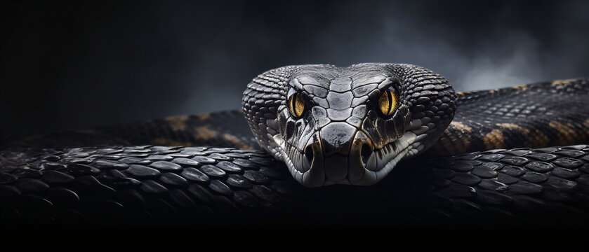 Front view Attacking viper snake on black background, close up reptile sneaky, slimey and sly Snake head Photo Series. Generative ai