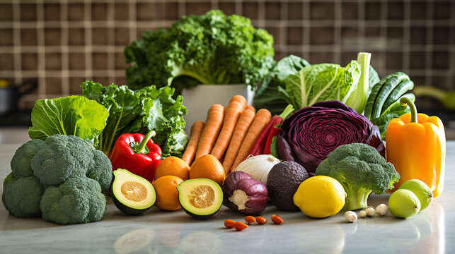Composition with variety of raw organic vegetables on kitchen table. Food background