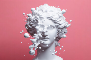 A portrait of a white statue with bubbles coming out of it on solid pink background. ai generative