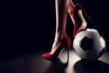 A soccer ball on which stands a female foot with a red heel close up on solid black background. ai generative