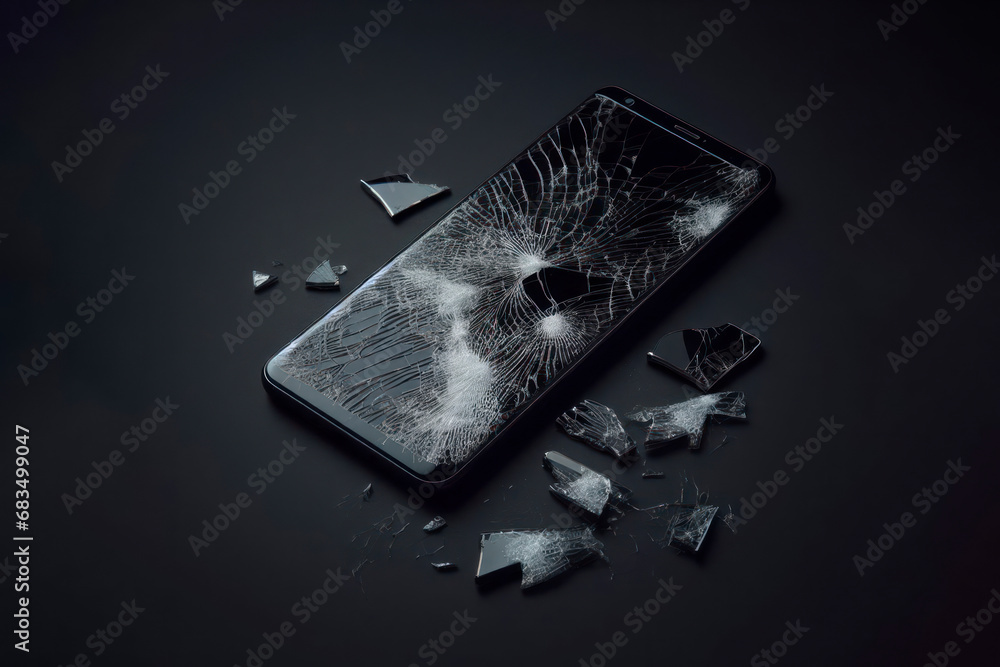 Poster broken smartphone display on black background. ai generative