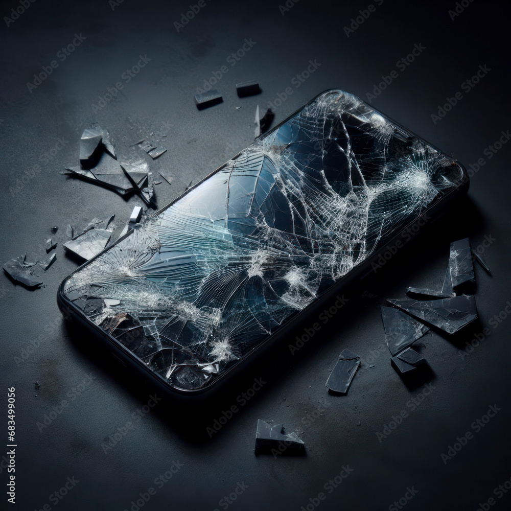 Poster broken smartphone display on black background. ai generative