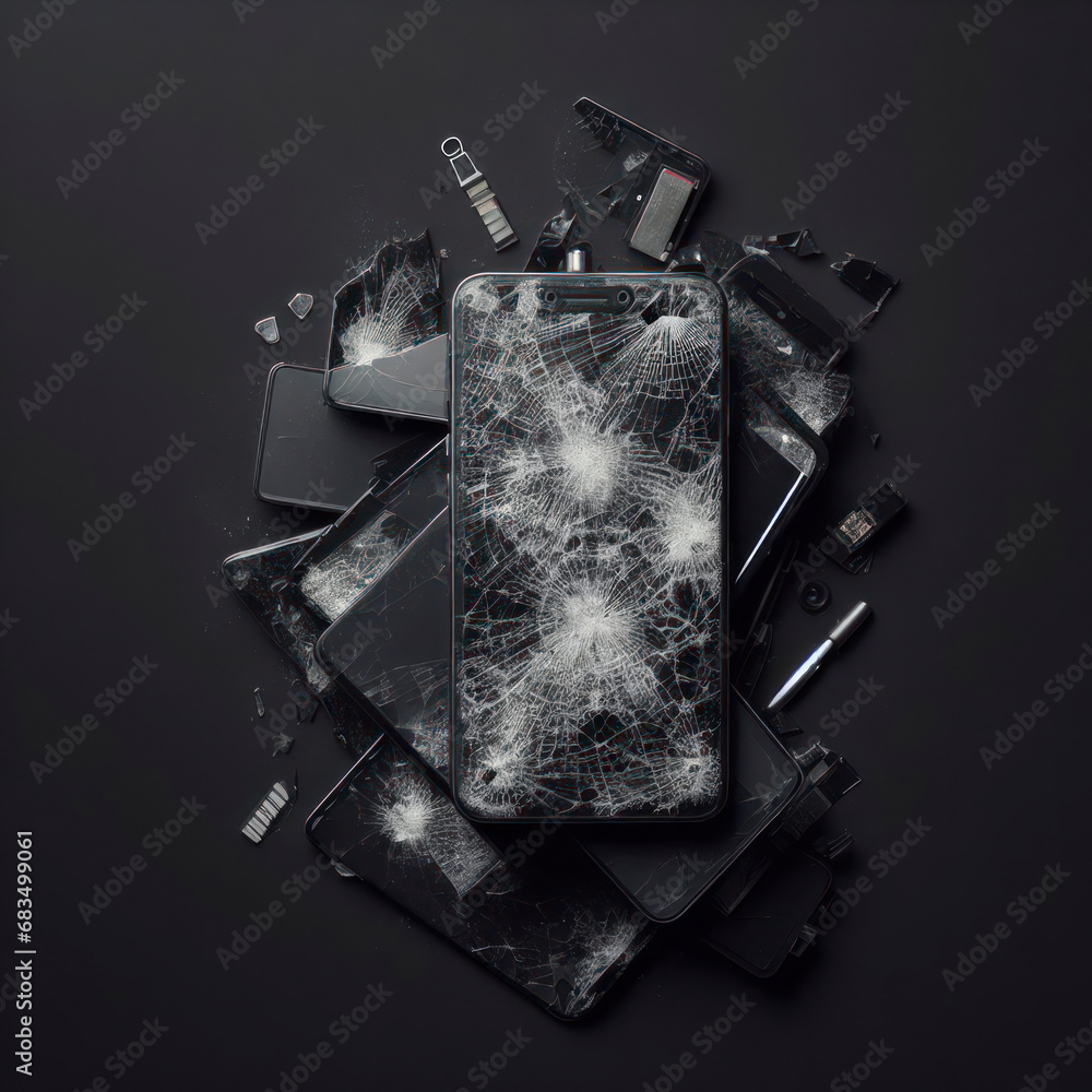 Poster broken smartphone display on black background. ai generative