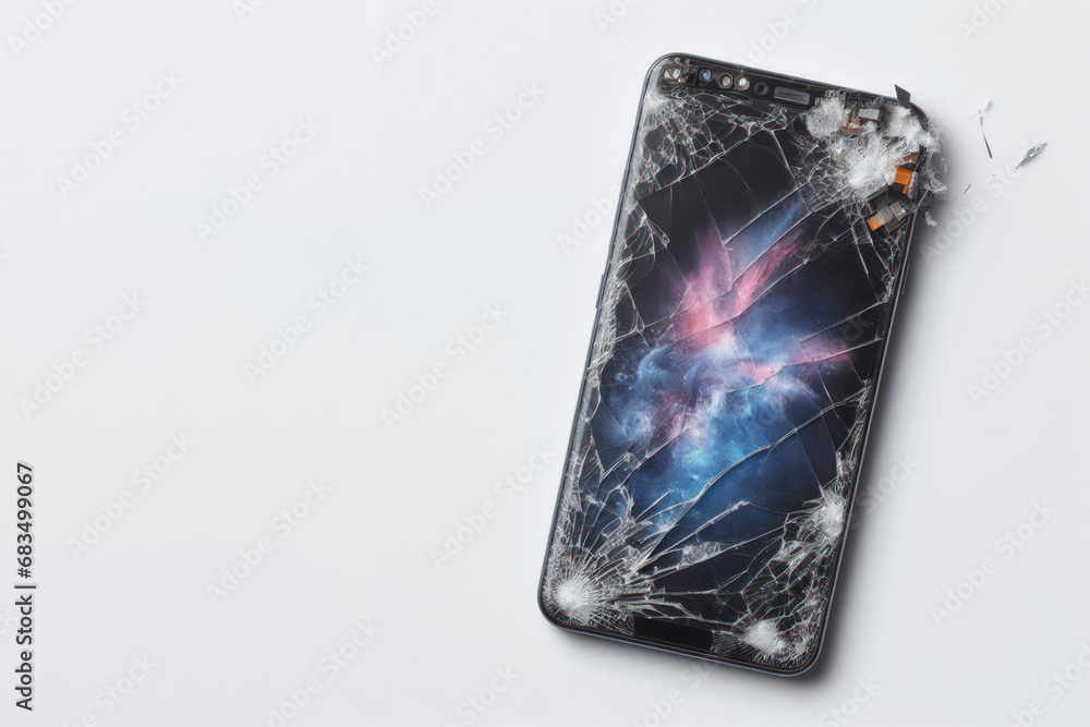 Poster broken smartphone display on white background. ai generative