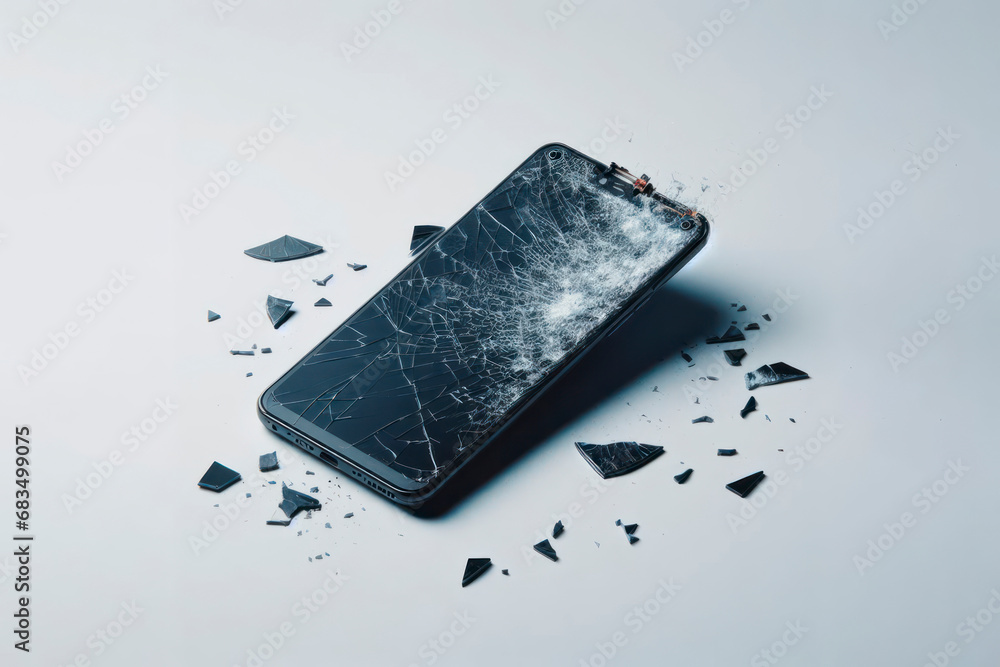 Poster broken smartphone display on white background. ai generative
