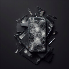 broken smartphone display on black background. ai generative