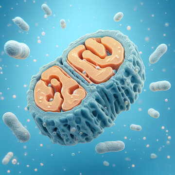 Beautiful models of mitochondria on a beautiful blue background. ai generative