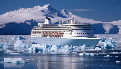 Poster Spectacular views of large cruise ship sailing through northern seascape with glaciers in canada © Ilja