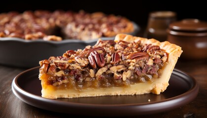 Scrumptious homemade pecan pie with a golden flaky crust on a charming rustic wooden background