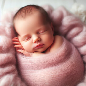Newborn baby girl portrait, delicately wrapped in a soft pink woolen blanket. ai generative
