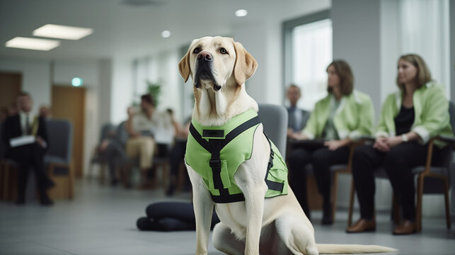 Photo of the Labrador retriever Guide dog in dog clothes and guide harness helps medical staff in a modern hospital
