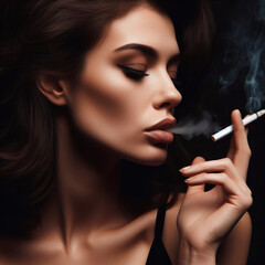 Obraz premium Woman smoking a cigarette on black background. ai generative