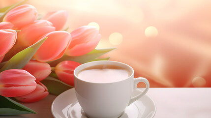 Fototapeta na wymiar cup of coffee with tulips breakfast, flowers, rose, pink, table, hot, bouquet, cafe, food, saucer, morning, mug, red, 