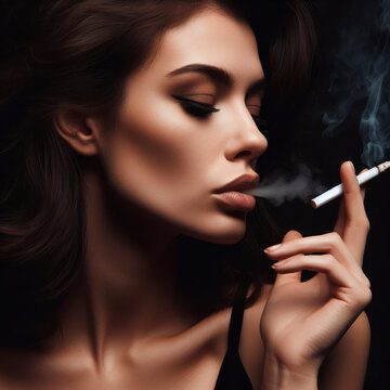 Woman smoking a cigarette on black background. ai generative