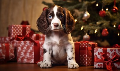 cute springer spaniel puppy christmas background - obrazy, fototapety, plakaty