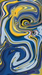 Psychedelic texture. An abstract digital marble texture featuring disorderly patterns of blue, yellow, white, grey, and black.