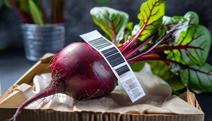 Red beet (beetroot) in plastic package bag with barcode - obrazy, fototapety, plakaty