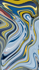 Liquify the pattern with blue, yellow, white, grey, yellow, and black graphics. Psychedelic texture. Phone wallpaper.