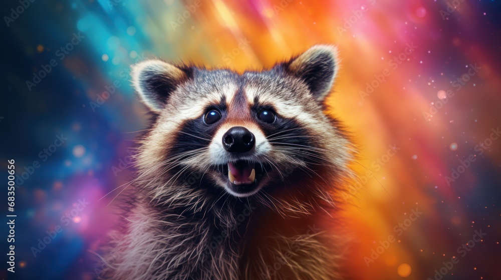 Poster a close up of a raccoon's face with its mouth open and eyes wide open in front of a multicolored bac