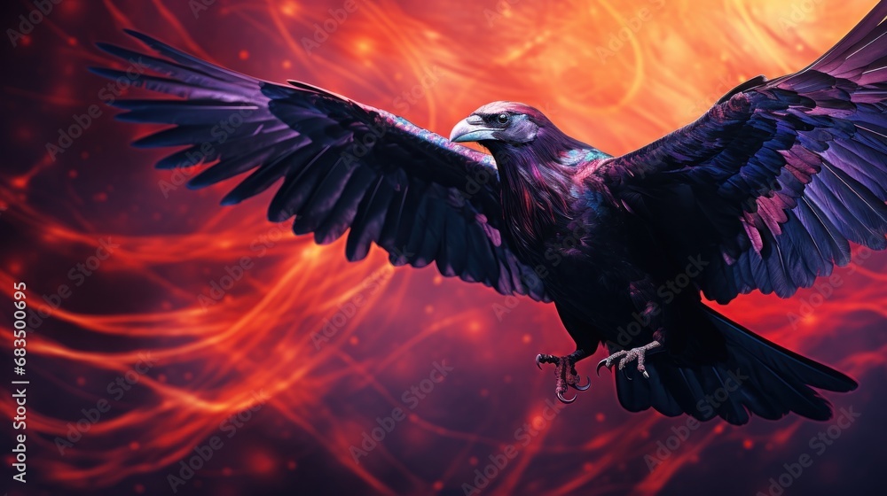 Poster a bird that is flying in the air with it's wings wide open and wings wide open, in front of a red an