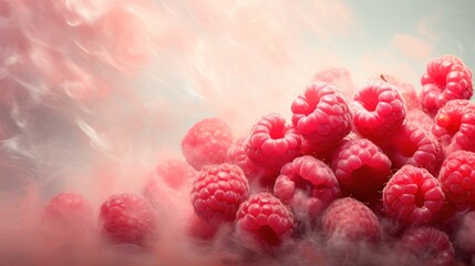  a pile of raspberries sitting on top of a pile of pink smoke on a blue and white background. - obrazy, fototapety, plakaty